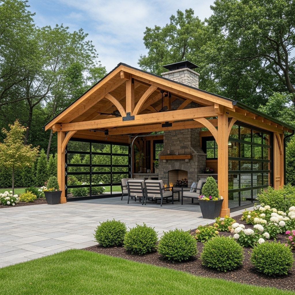 Covered outdoor patio with wooden pergola, stone fireplace, seating area, and landscaped garden in a backyard.