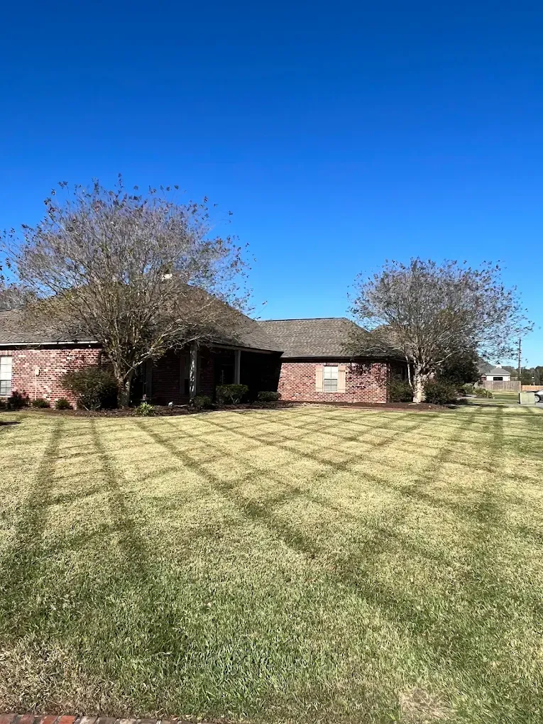 Single-story brick house with a large grassy lawn and leafless trees under a clear blue sky.