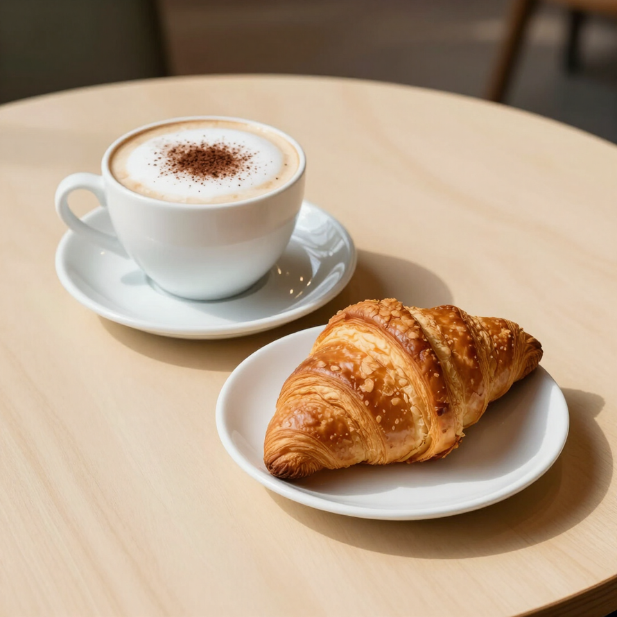 Cappuccino e cornetto su tavolo chiaro