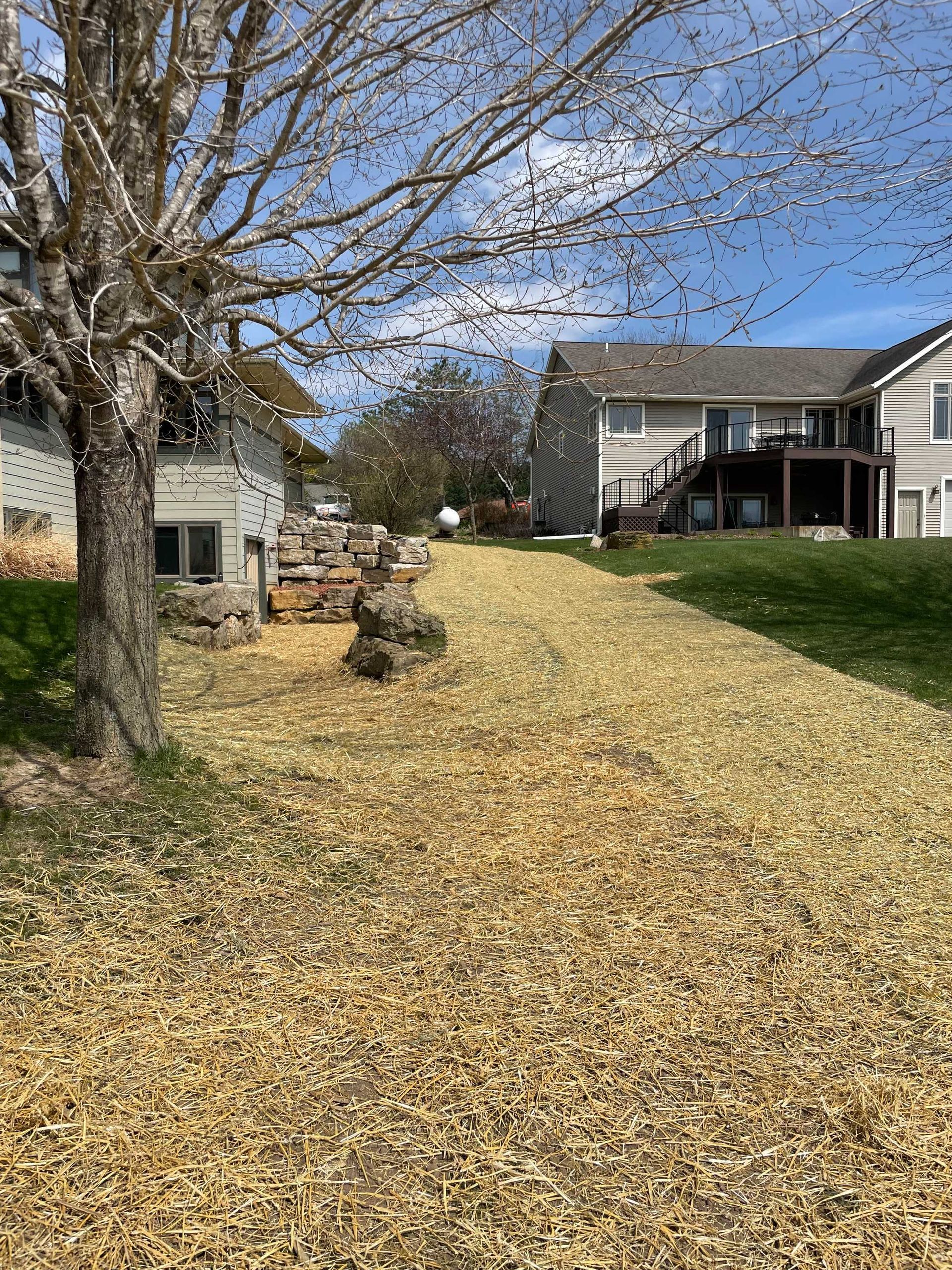 A layer of light-colored wood chips covers the ground between two suburban houses on a sunny day.