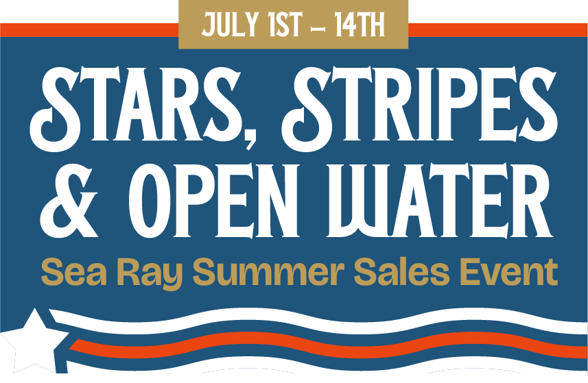 Sea Ray Summer Sales Event banner, July 1st–14th, with red, white, and blue stars and stripes