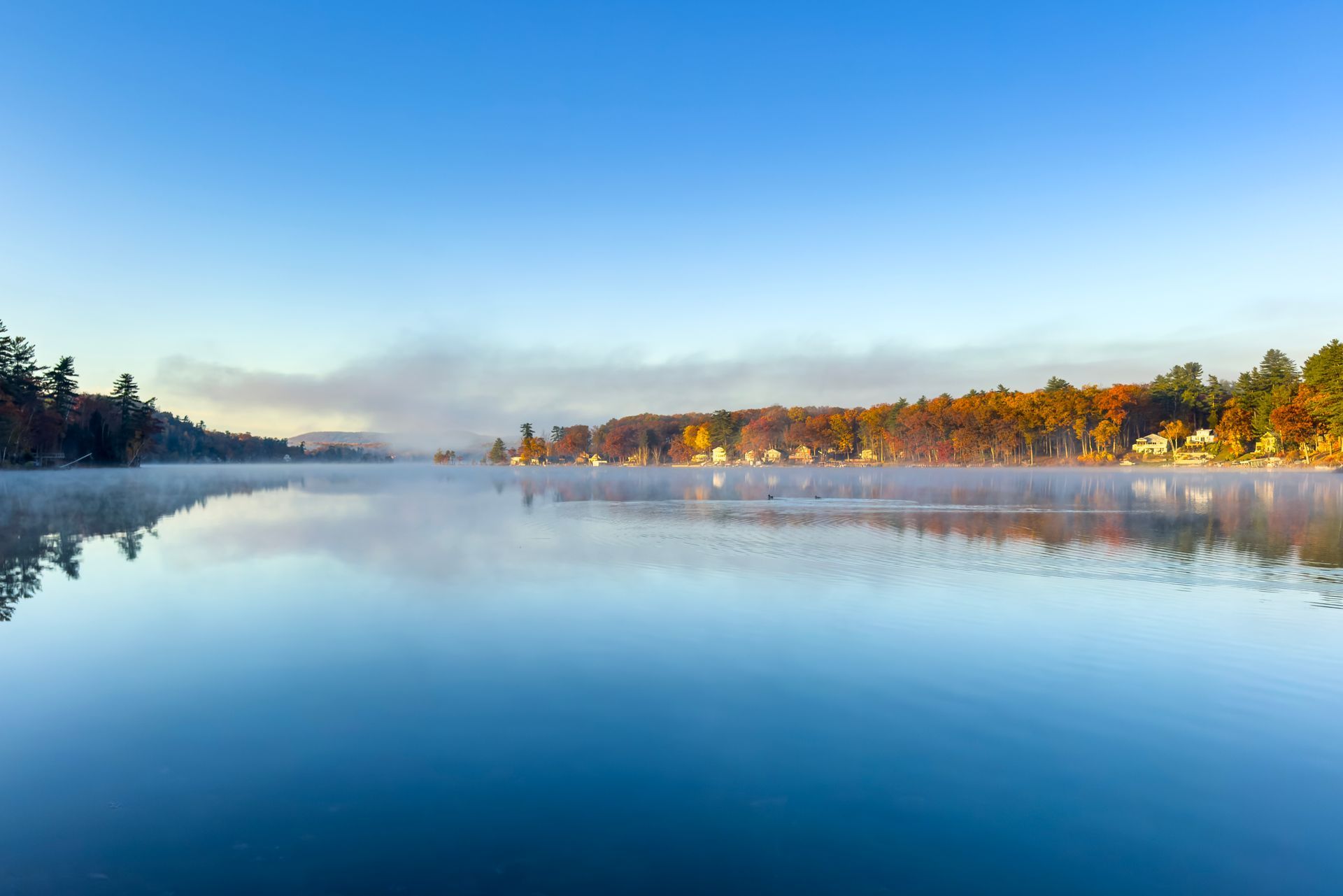 Calm blue lake at sunrise with mist and a colorful autumn tree line along the shore