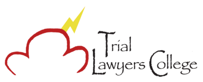 Logo for Trial Lawyers College: red cloud with yellow lightning bolt, text 
