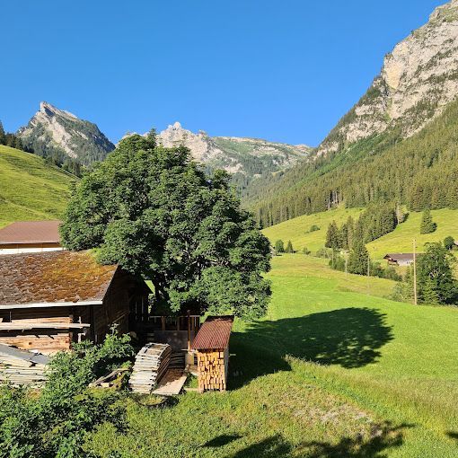 Ein Haus inmitten einer Wiese mit Bergen im Hintergrund.