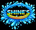 A logo for Shine's Soft Wash and Pressure Washing, featuring the company name inside a bright blue water splash design.