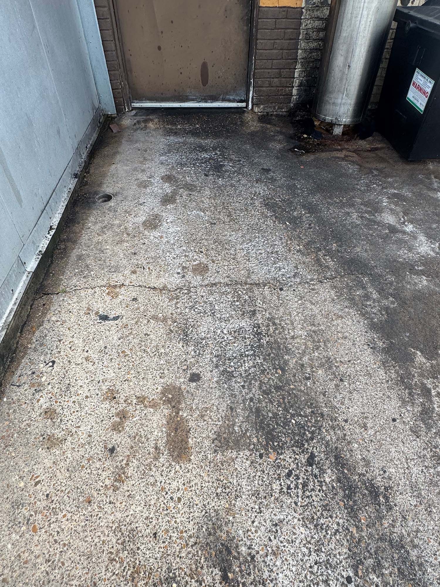 Dirty concrete alley beside a door and trash bins with dark stains on the ground