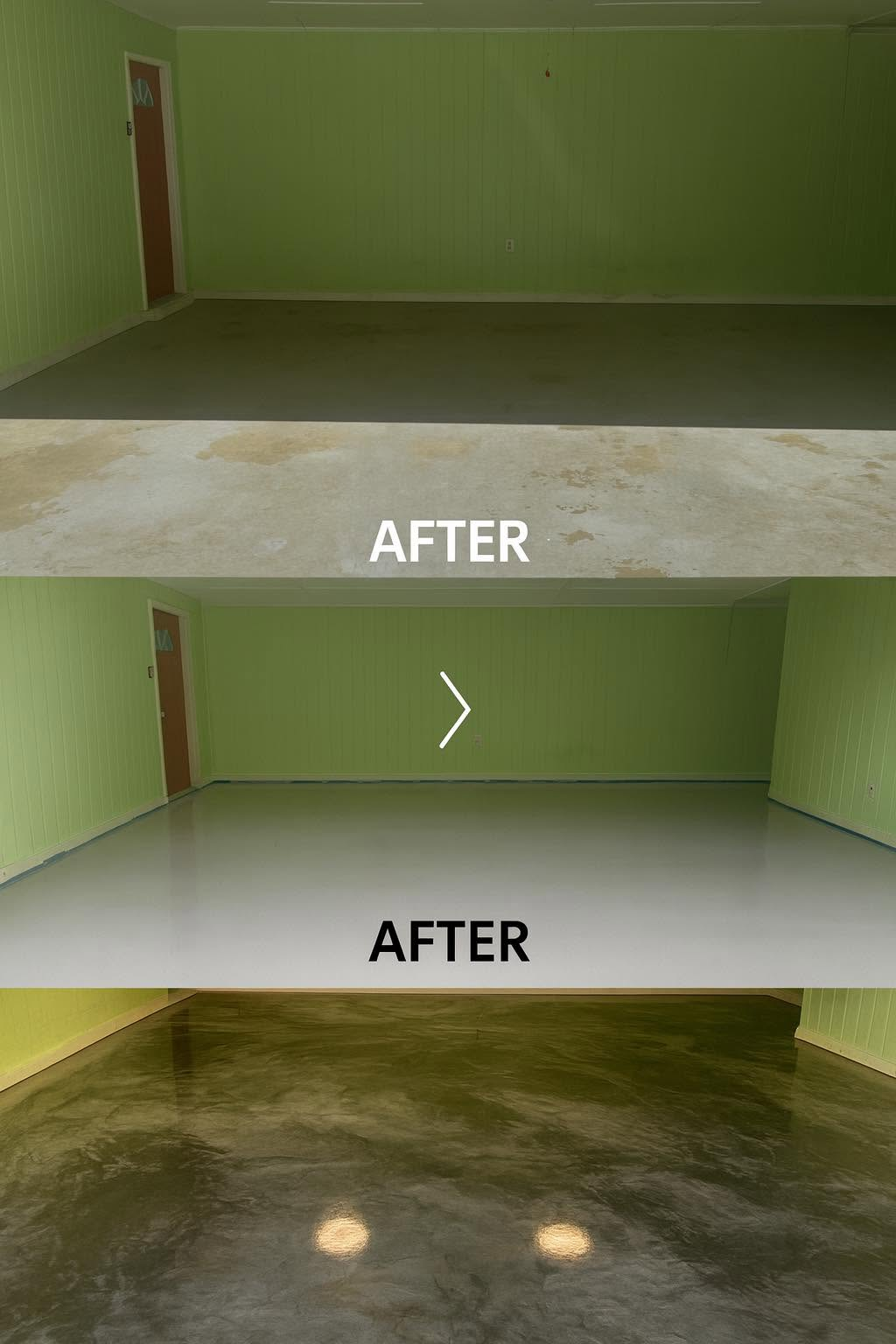 Garage floor before-and-after collage showing a green-painted room with a cleaned concrete floor.