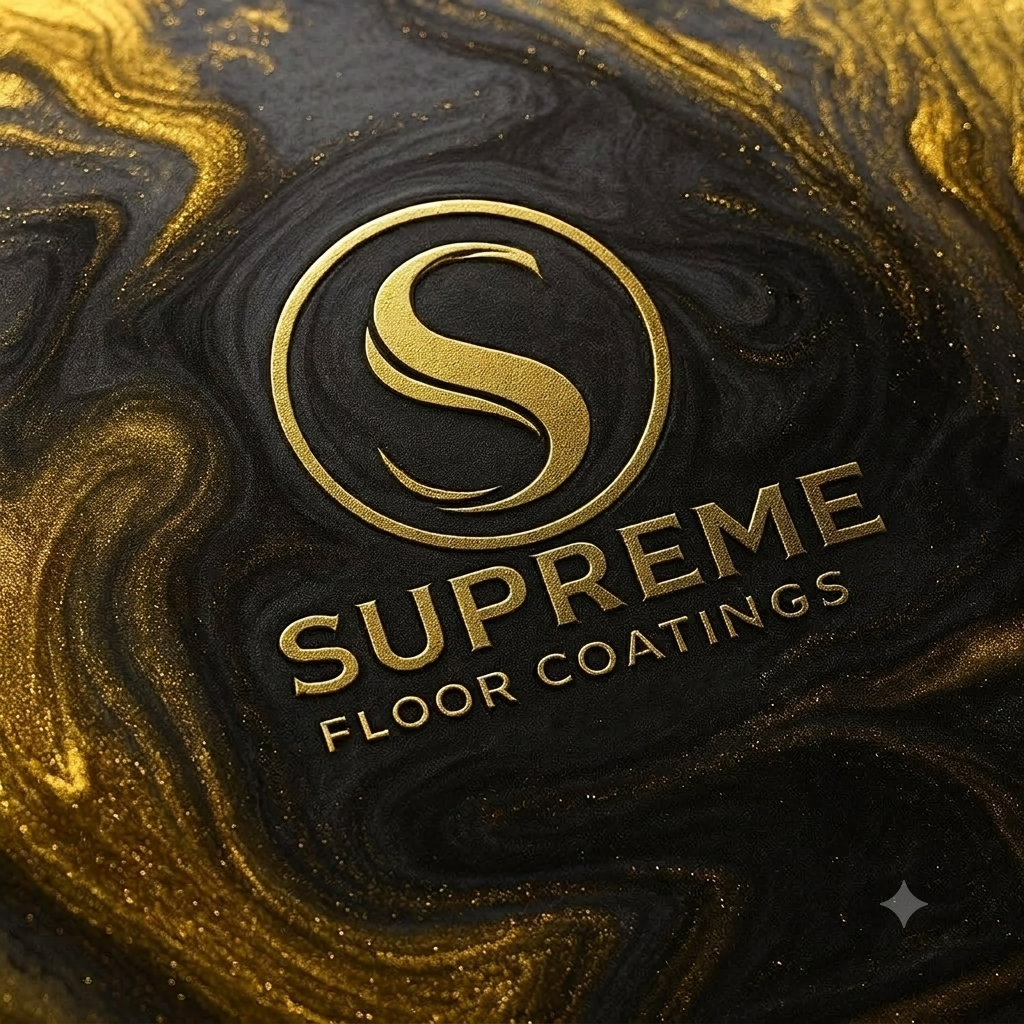 Gold "S" logo with the words "SUPREME FLOOR COATINGS" on a black and gold marbled background