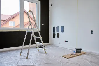 Room being painted: ladder, black wall, white wall with paint swatches, plastic sheeting on floor.