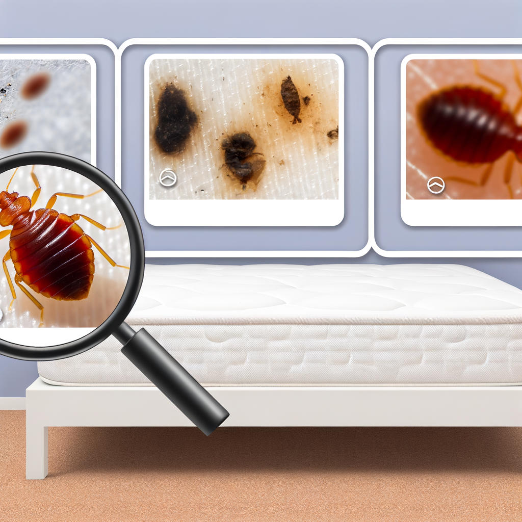 Inspection de punaises de lit : punaise grossie sur un matelas, avec photos insérées de punaises et de résidus.