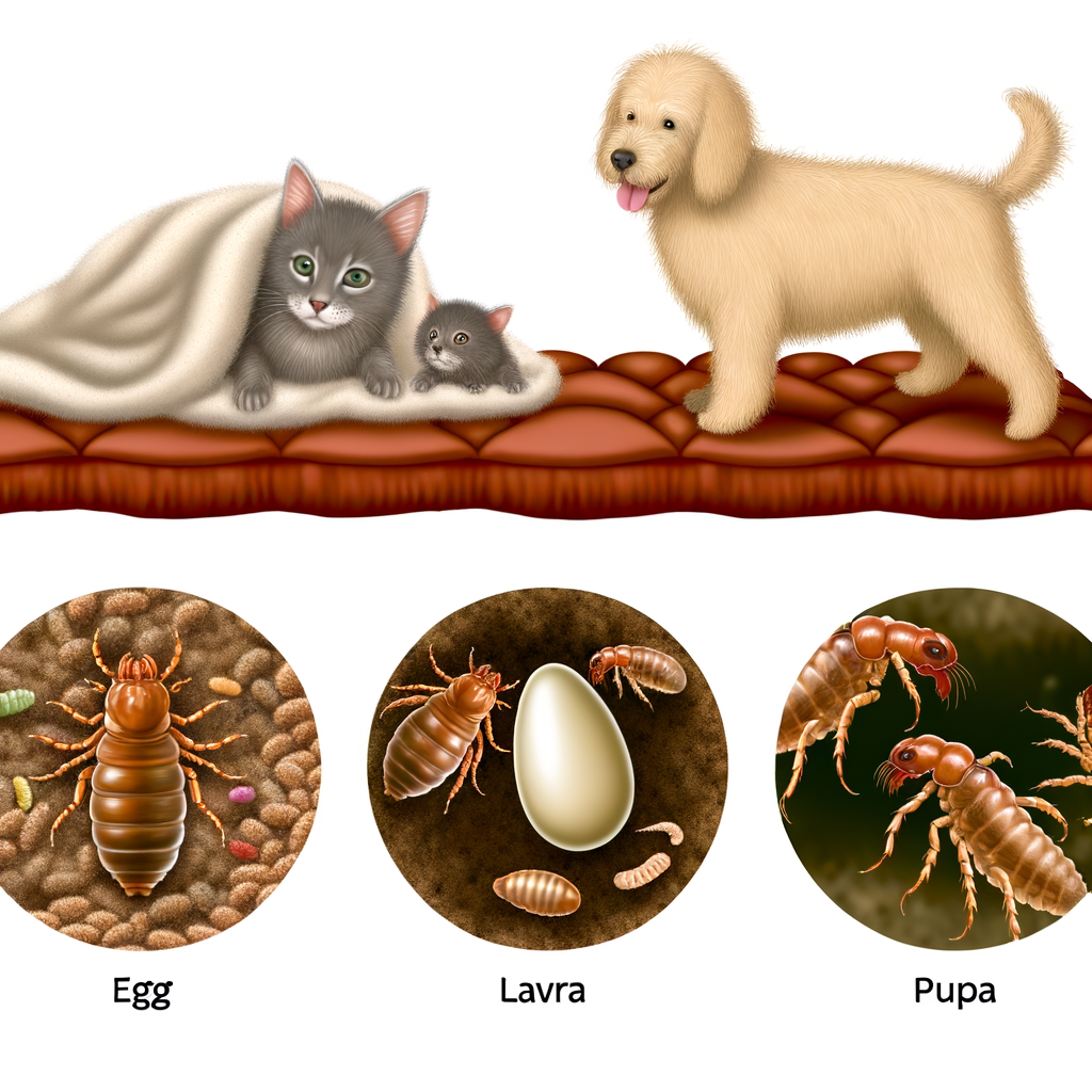Dessin humoristique représentant un chaton et un chien sur un lit, avec des illustrations de puces : œuf, larve et pupe.