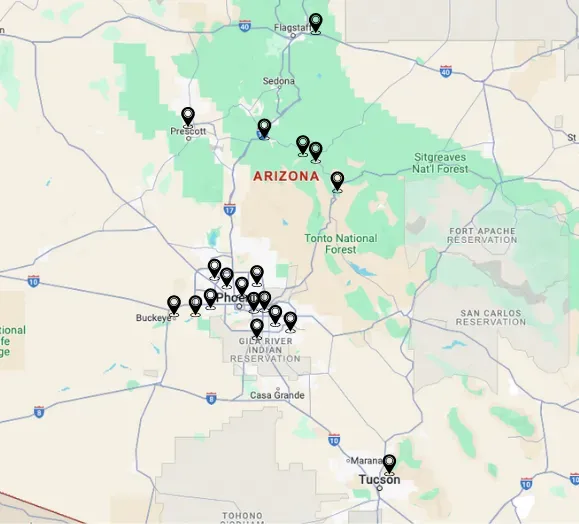 A map of arizona with a lot of mountains and roads