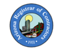 The logo for the arizona registrar of contractors is a blue circle with a picture of a city in the middle.