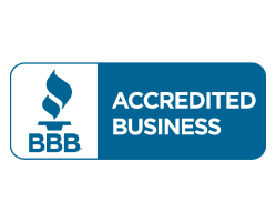 The bbb logo is blue and white and says accredited business.