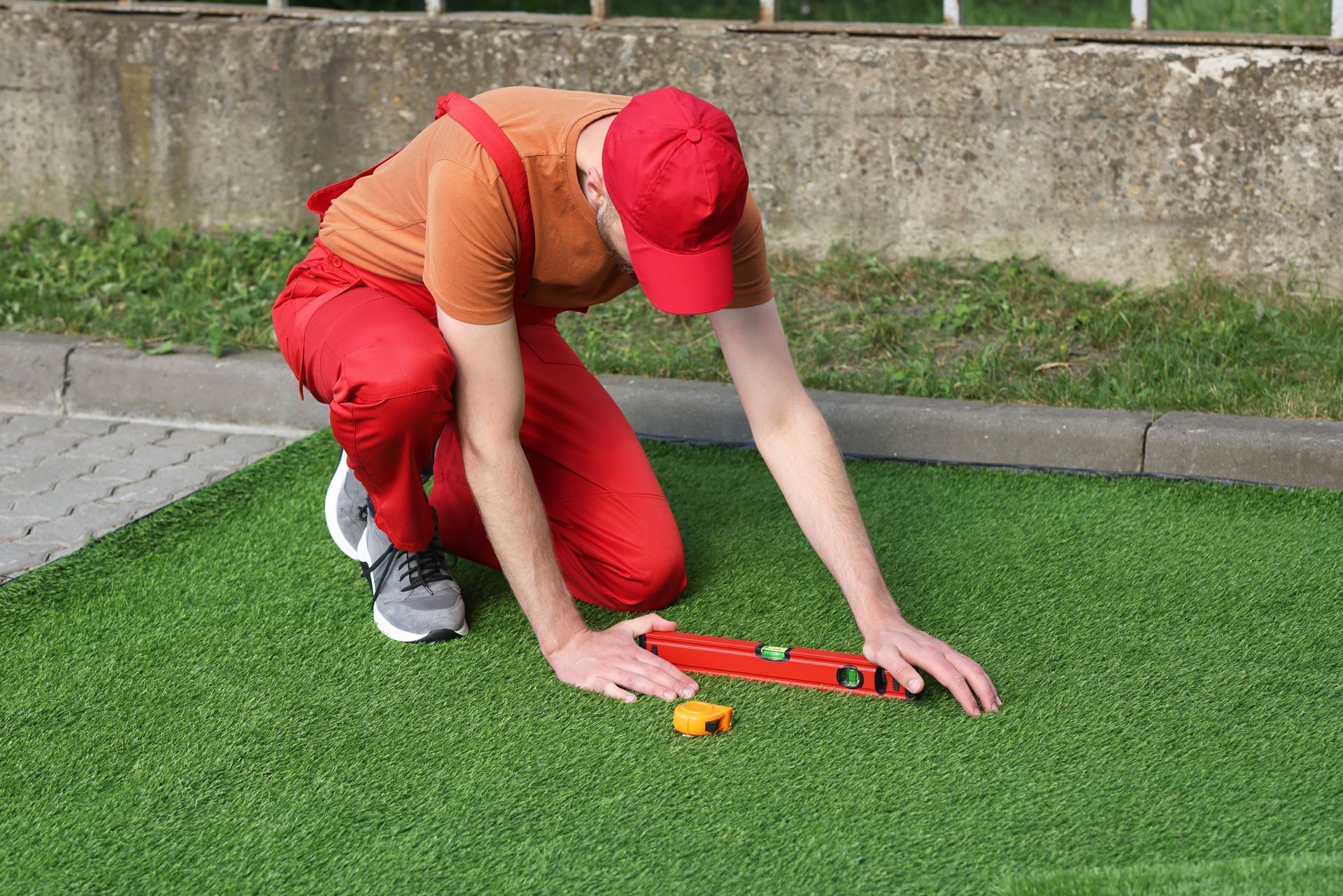 Person kneeling on grass, arranging red tools beside an orange cone near a sidewalk