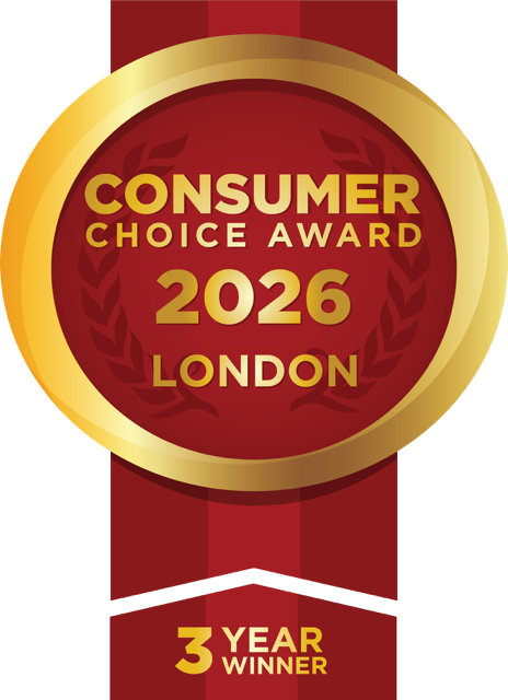 Consumer Choice Award 2026 London logo, gold circle on red banner, with 