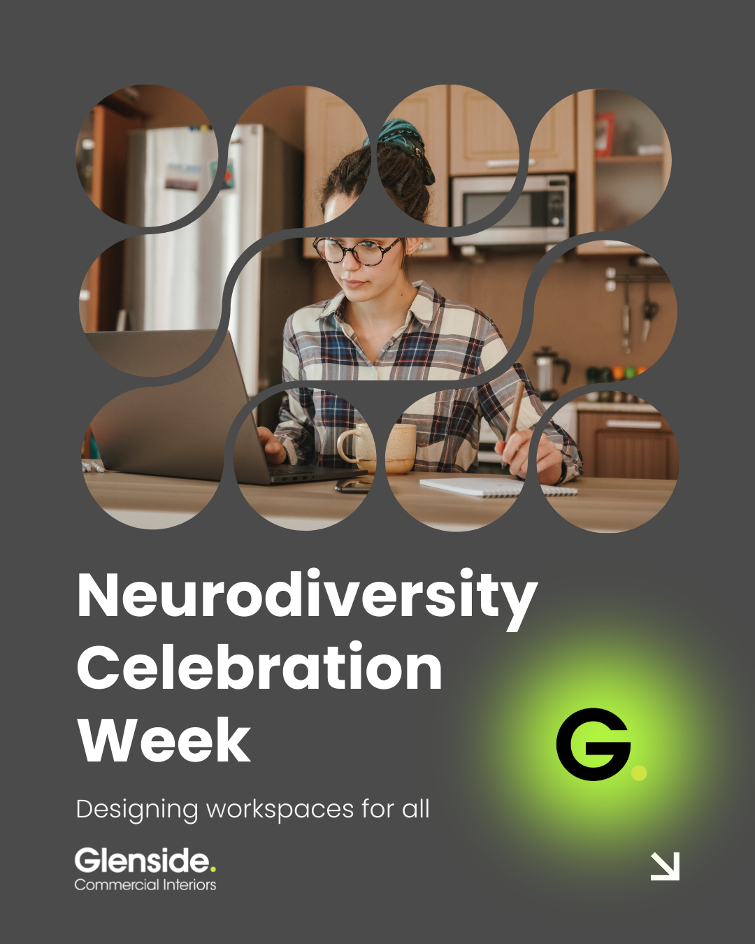 A poster for neurodiversity celebration week with a woman sitting at a table using a laptop computer.