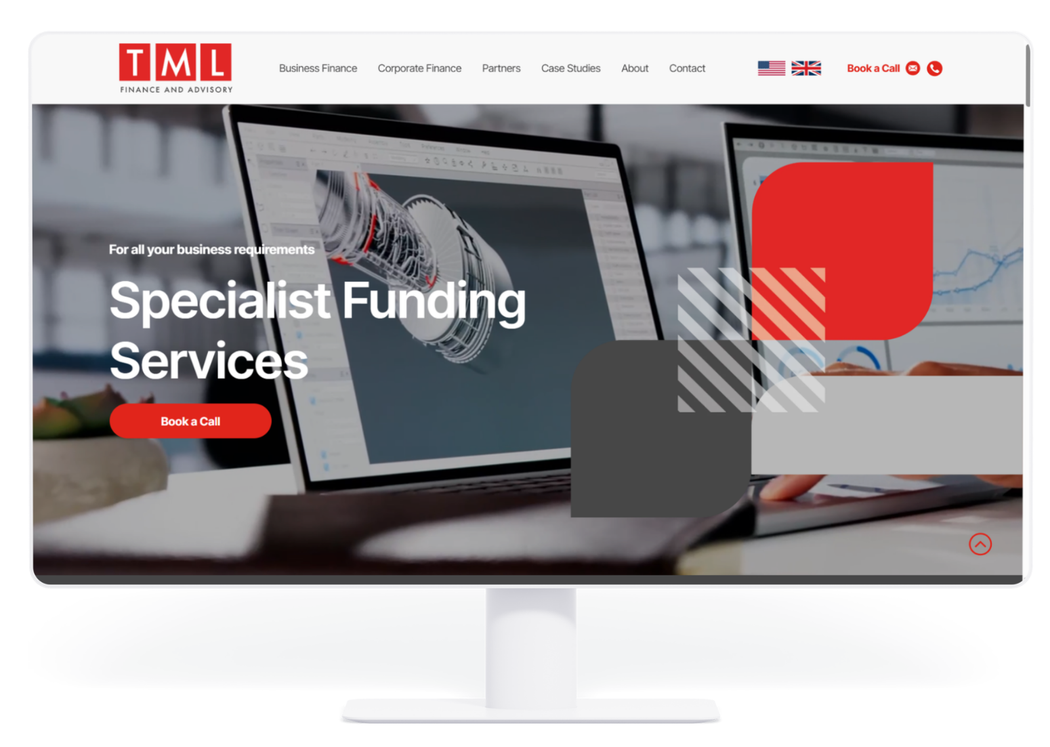 Desktop monitor displaying a website for TML, featuring the headline "Specialist Funding Services" and a "Book a Call" button.