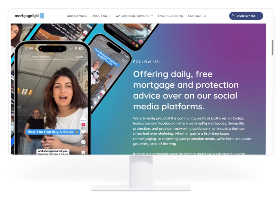 Website promoting free mortgage advice on social media, featuring a woman on a video.