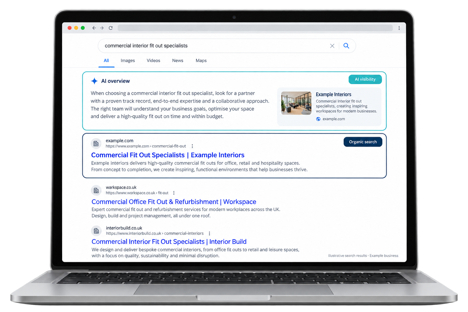 Laptop displaying Google search results page with a highlighted result and small thumbnail preview