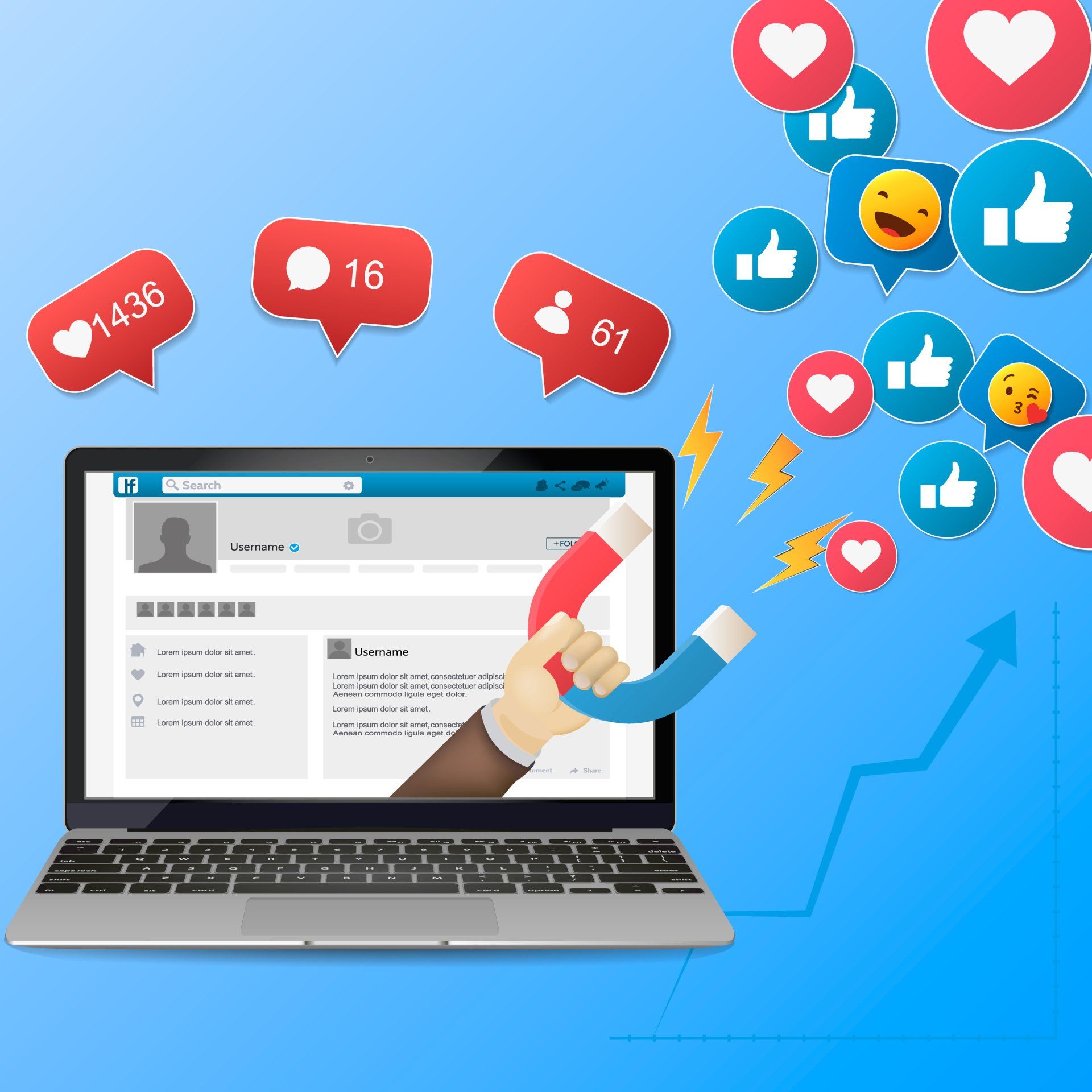Graphic of a hand holding a magnet sticking out of a laptop screen, attracting social media likes, shares & reactions