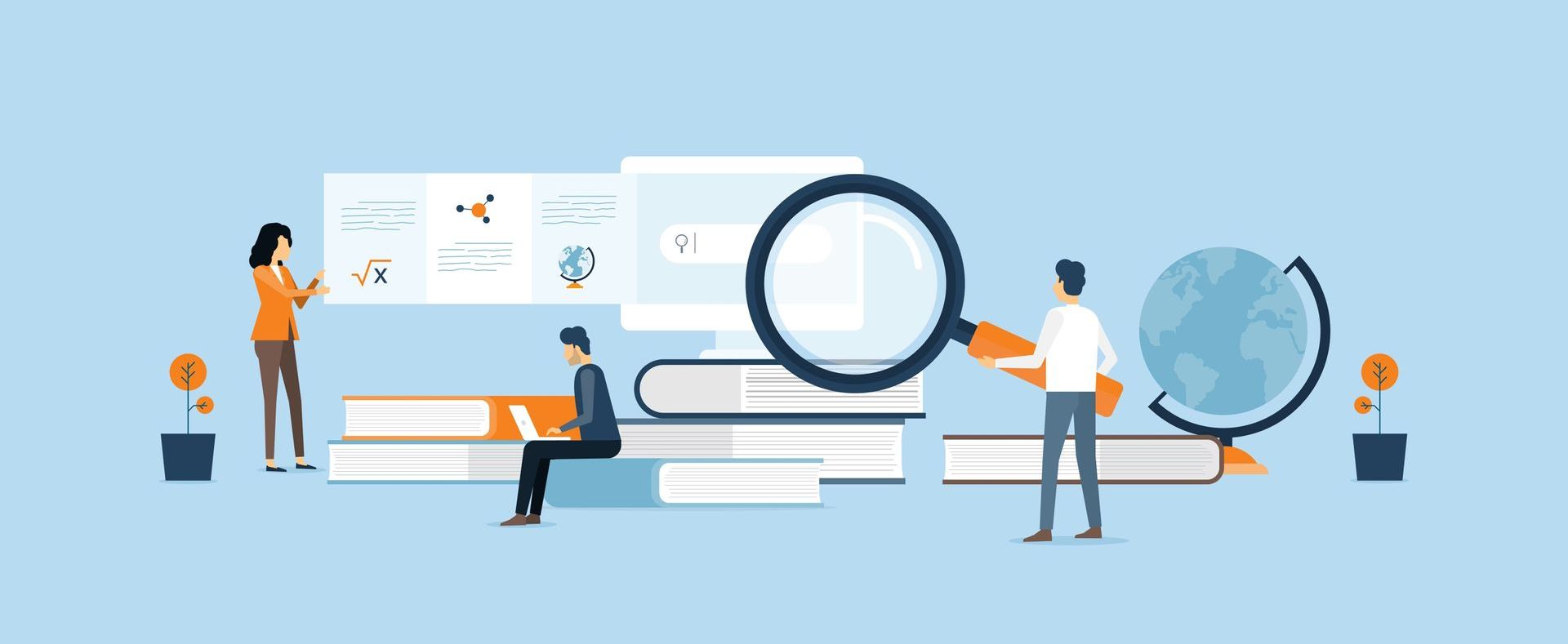 Animated graphic of people sitting on books & holding a giant magnifying glass up to a computer screen Online boutique shop website open on desktop, laptop, tablet and smartphone