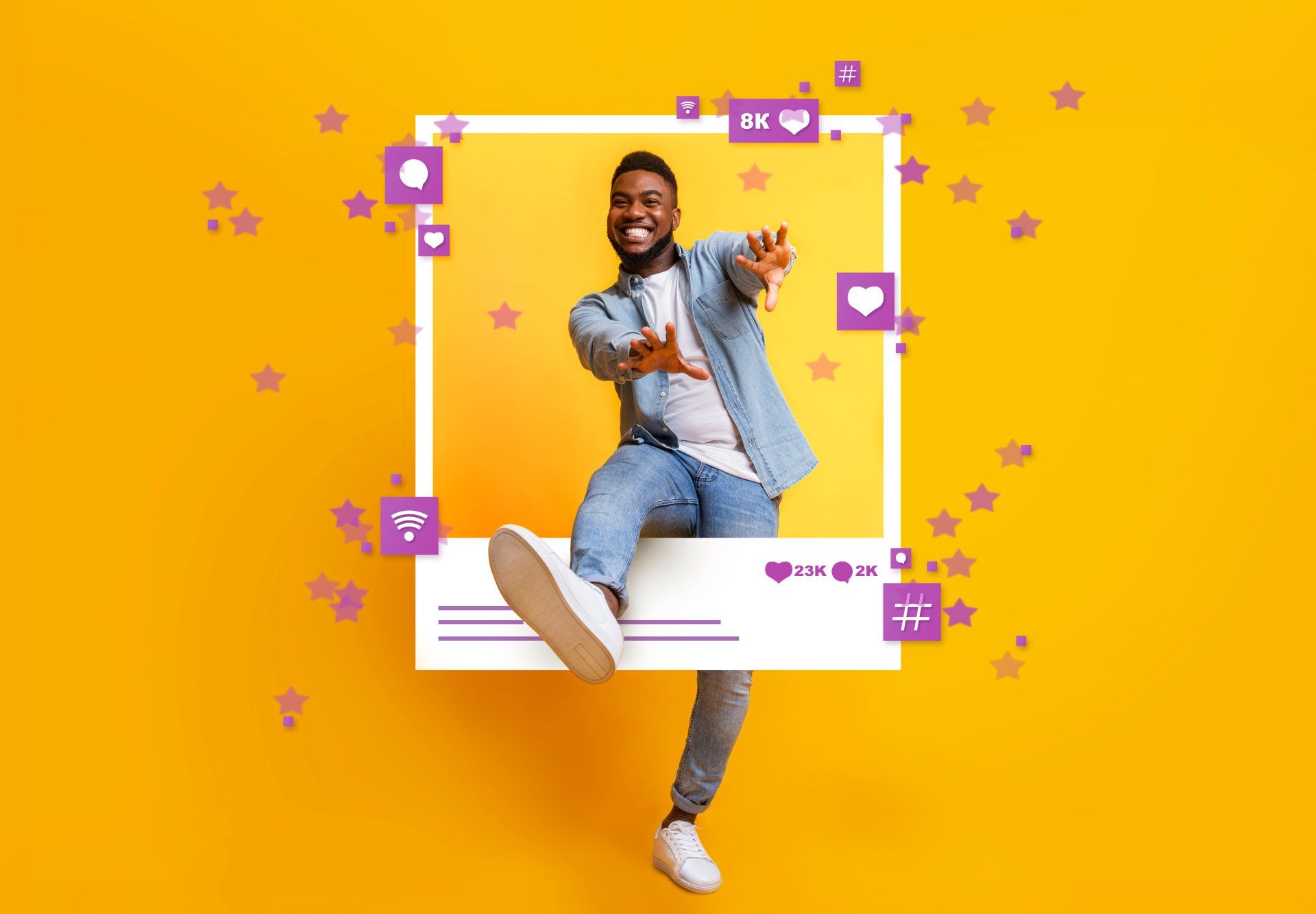 Man stepping out of an online post frame against a yellow background