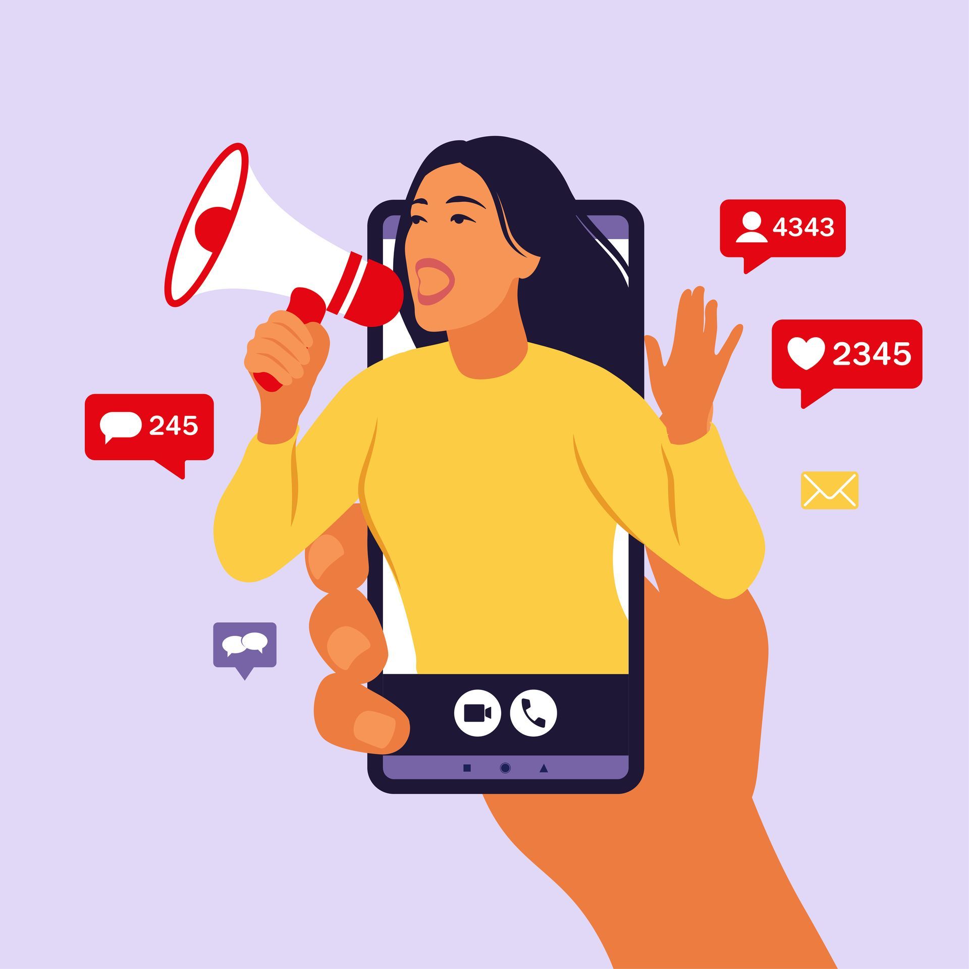Cartoon graphic of a woman coming out of a smartphone shouting into a megaphone