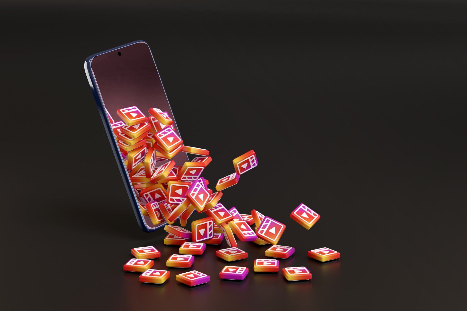 Phone with reel icons falling out of it