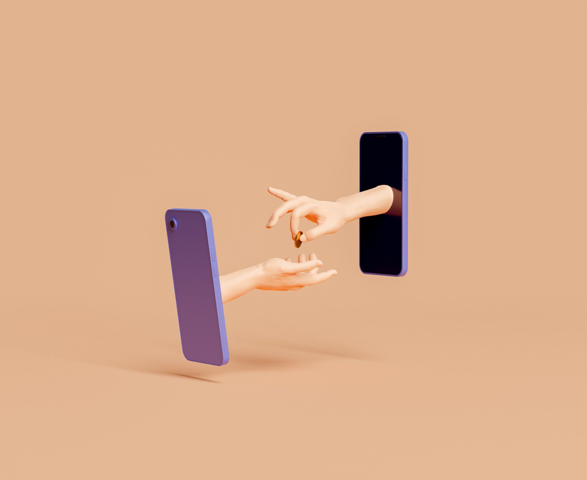 hands reaching out through 2 phones and exchanging money