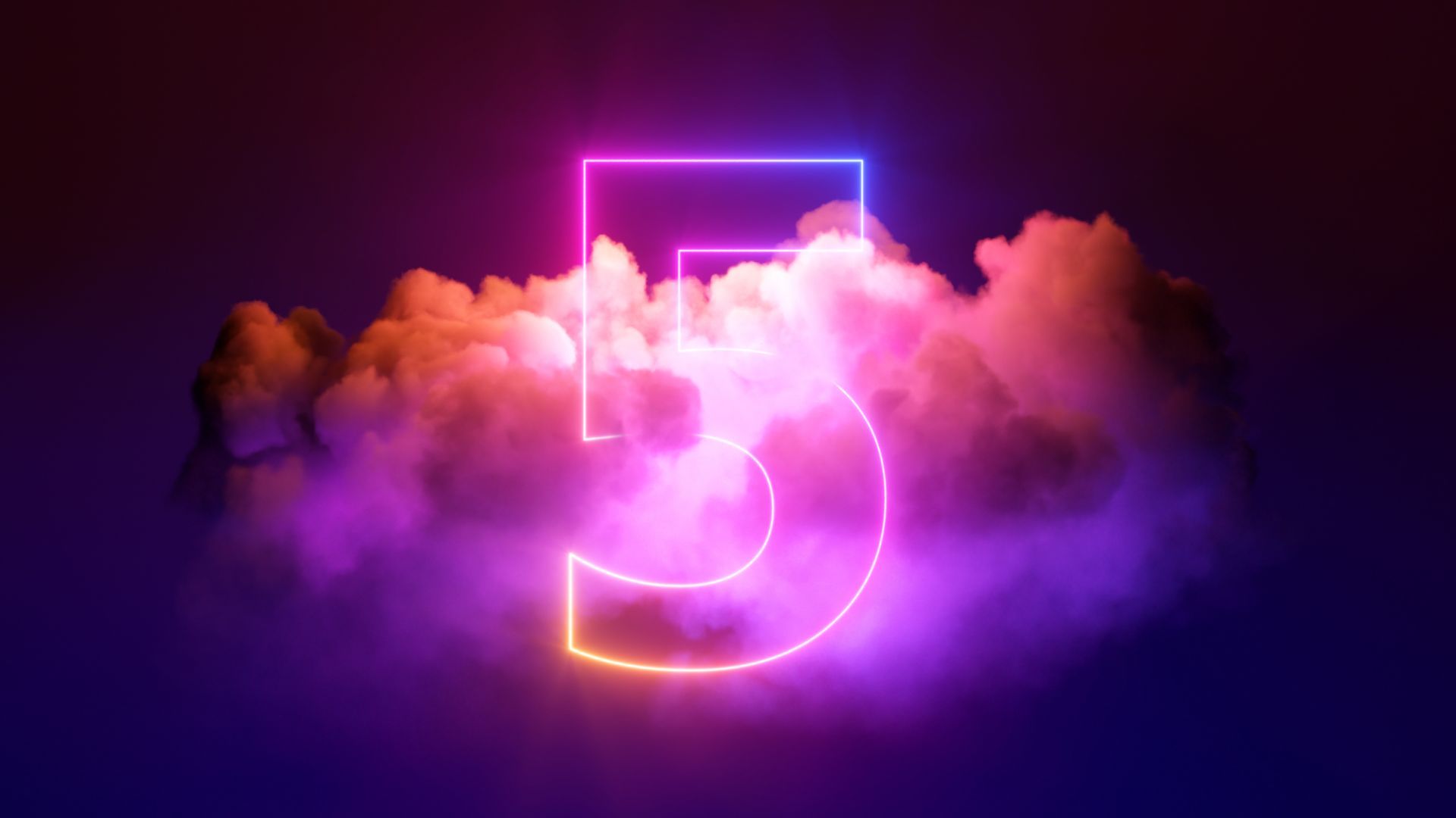 The number five is glowing in the dark in the clouds.