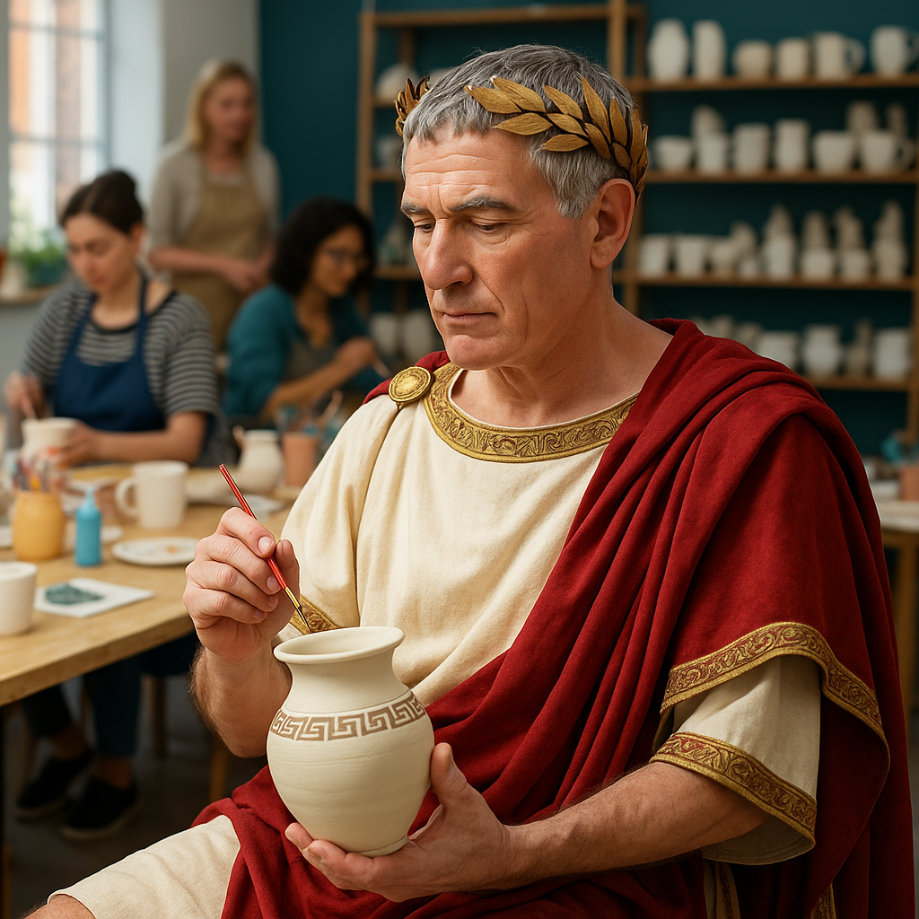 Man in Roman attire paints a vase in a pottery studio. Others craft in the background.