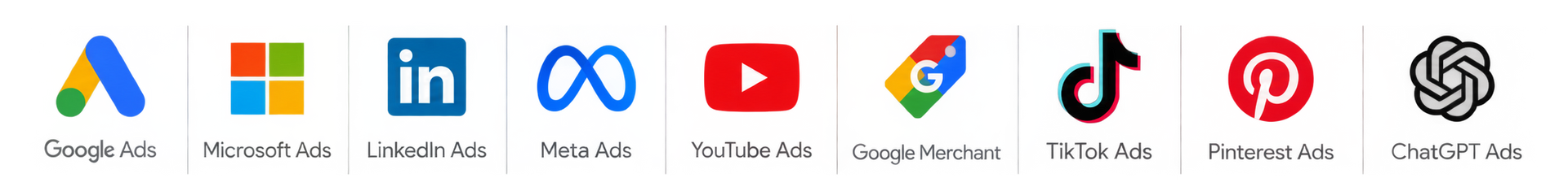 Row of popular app logos, including Google, Microsoft, LinkedIn, Meta, YouTube, Google Ads, TikTok, Pinterest, and OpenAI