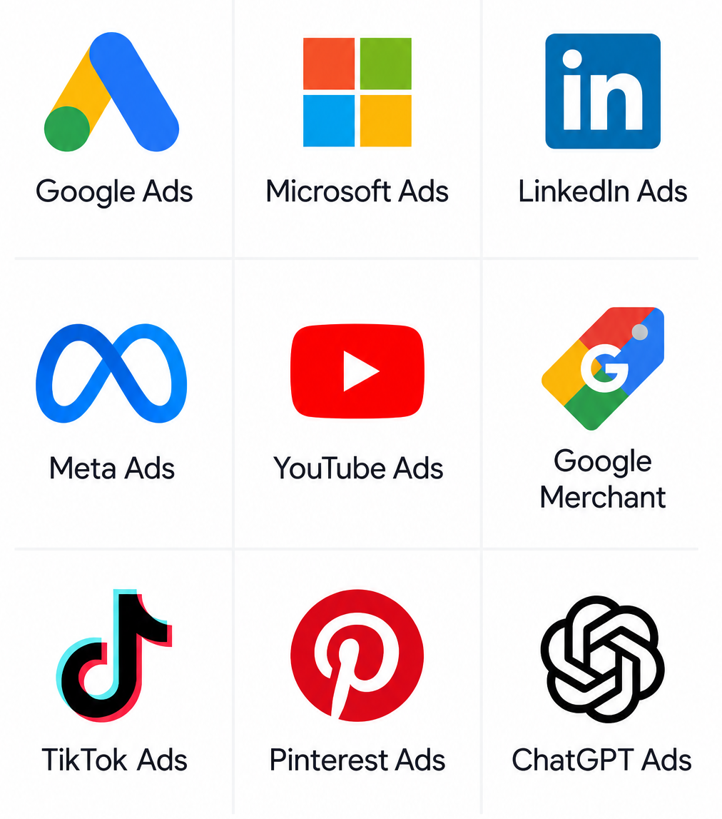 Logo grid for Google Ads, Microsoft Ads, LinkedIn Ads, Meta Ads, YouTube Ads, Google Merchant, TikTok Ads, Pinterest Ads, ChatGPT Ads