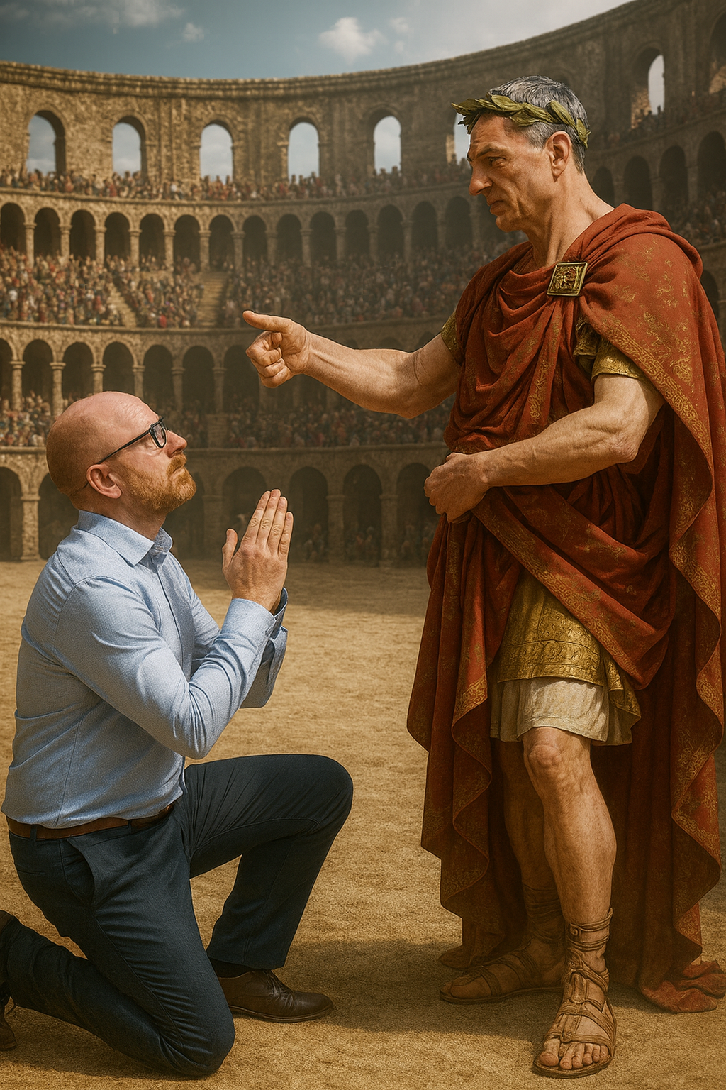 Man kneels before a Roman figure in an arena. The Roman points down.