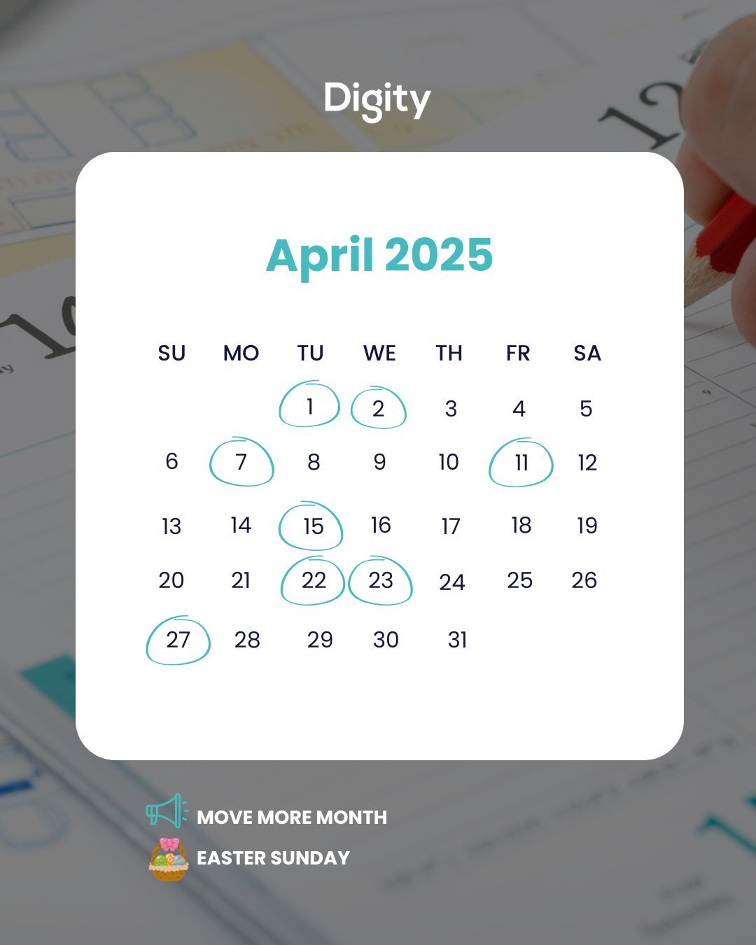 A calendar for april 2025 with a person holding a pen