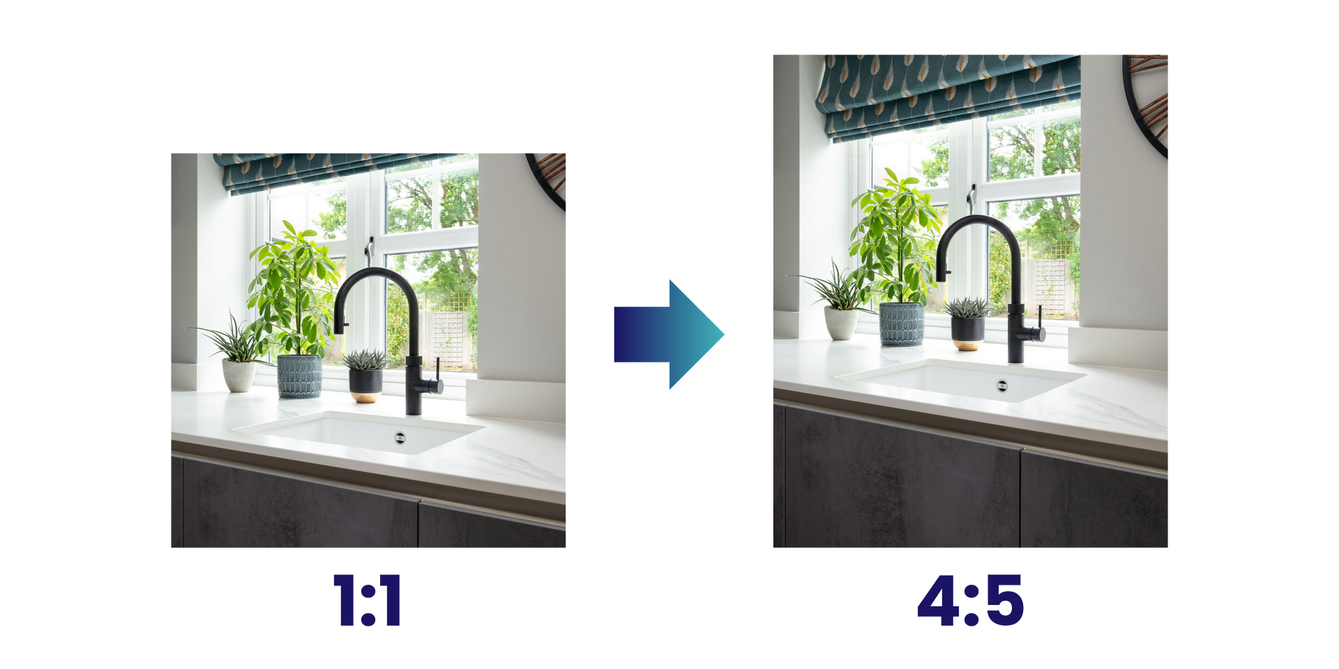 A picture of a kitchen sink with an arrow pointing to the right.