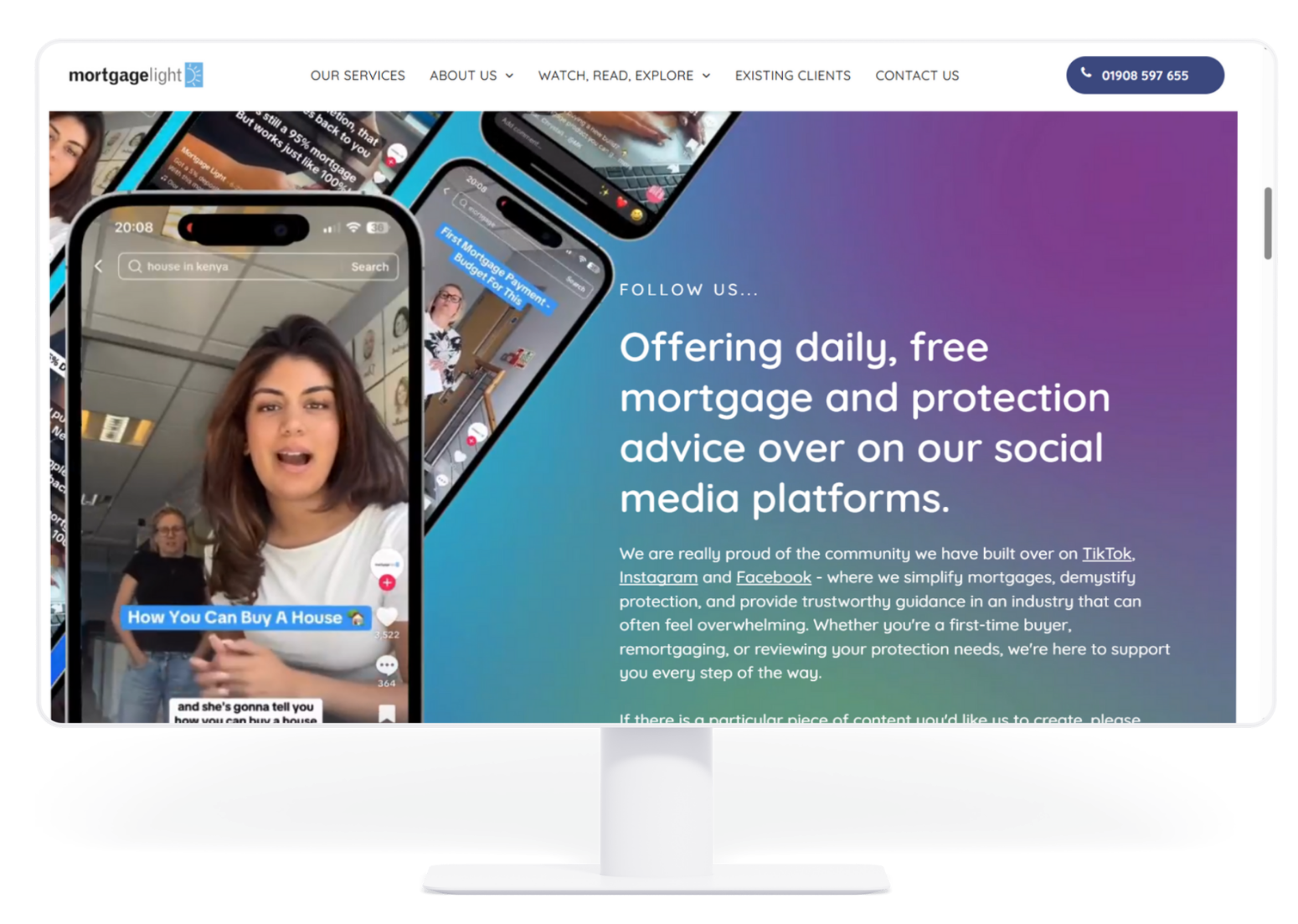 Desktop monitor displaying a Mortgage Labs website page featuring social media video content and text about advice.