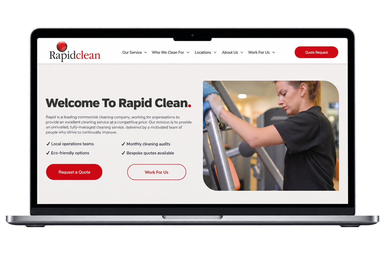 Rapid Clean website homepage on a laptop, showing a cleaner wiping a vehicle interior and a red call-to-action button