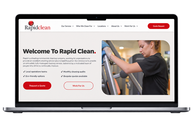 Rapid Clean website homepage on a laptop, showing a cleaner wiping a vehicle interior and a red call-to-action button