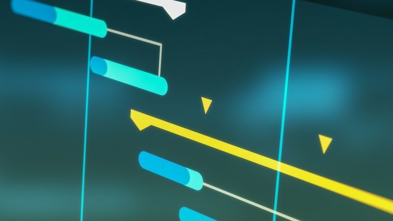 A digital timeline or Gantt chart featuring blue and yellow task bars on a dark, teal-toned background.