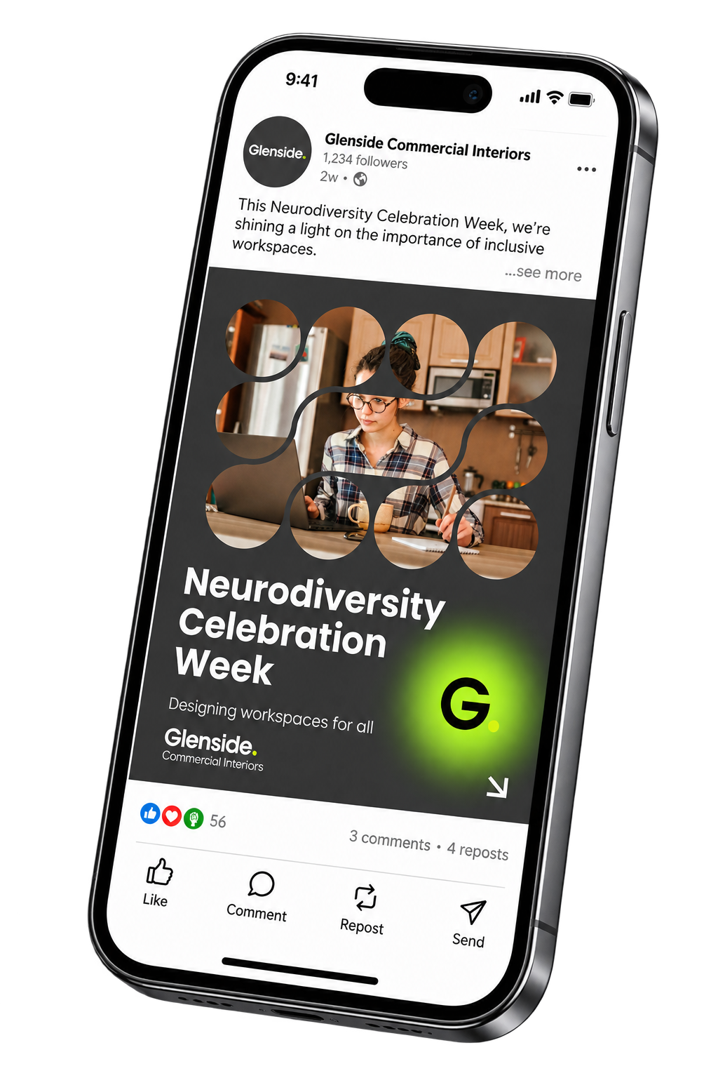 Smartphone showing a social media post for Neurodiversity Celebration Week with a person on a green background