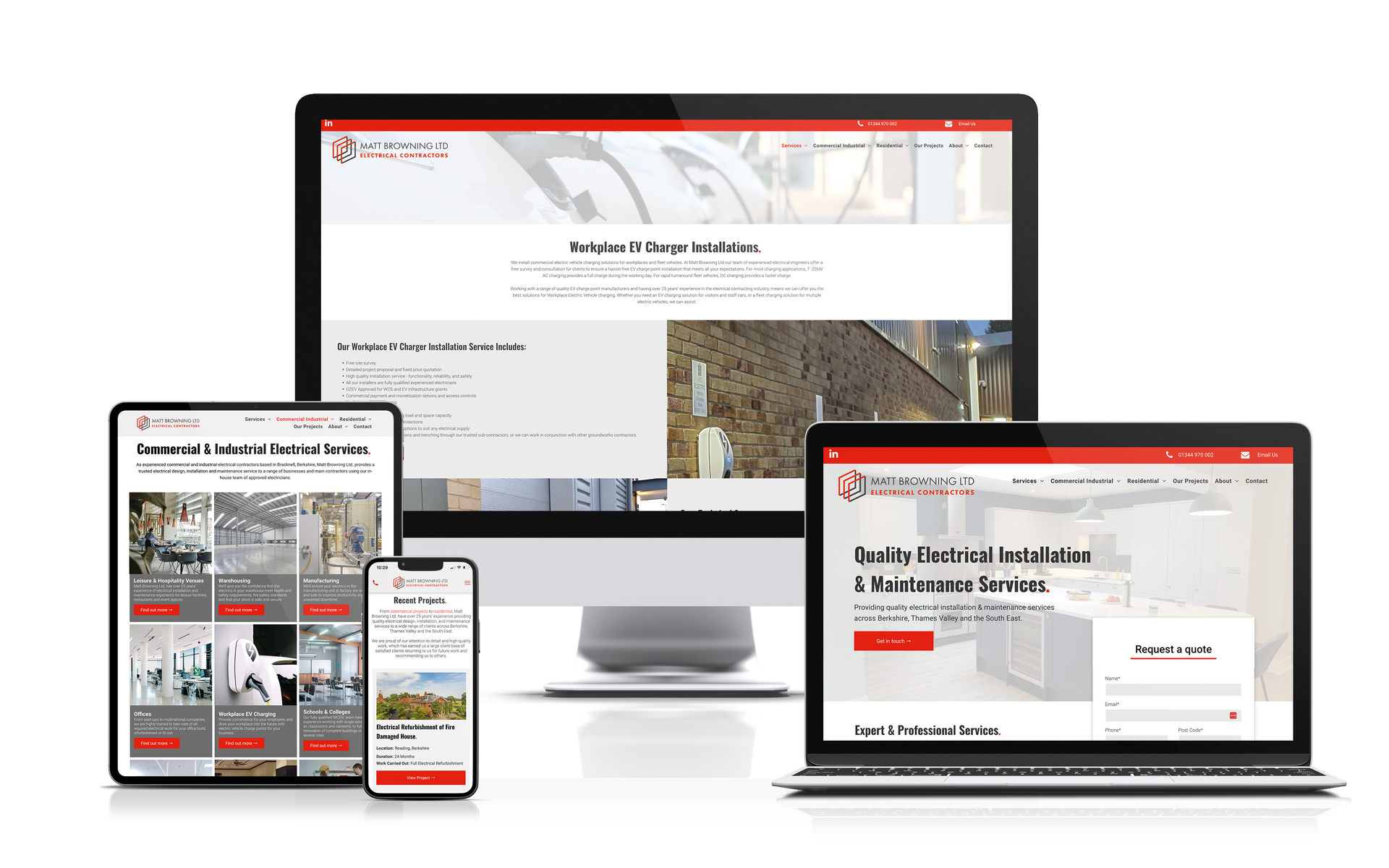A computer , tablet , laptop and phone are displaying a website.