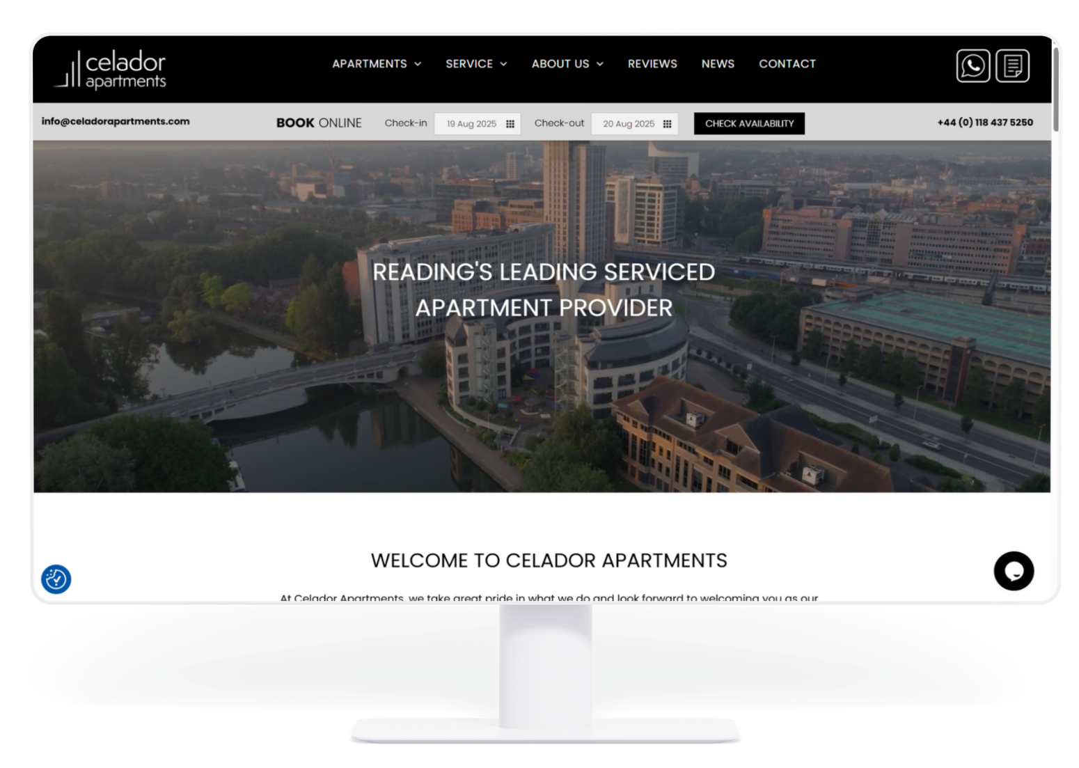 Celador Apartments website, cityscape with text: 