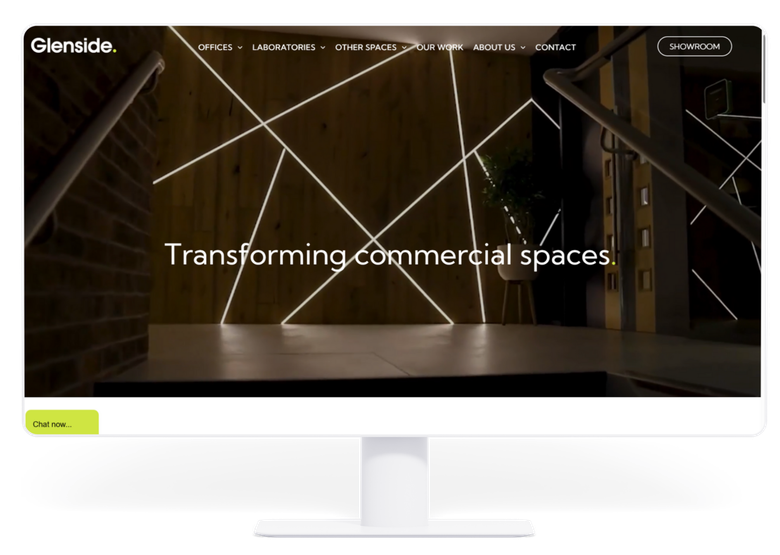 Website landing page for Glenside, showing a modern interior design with geometric lighting.
