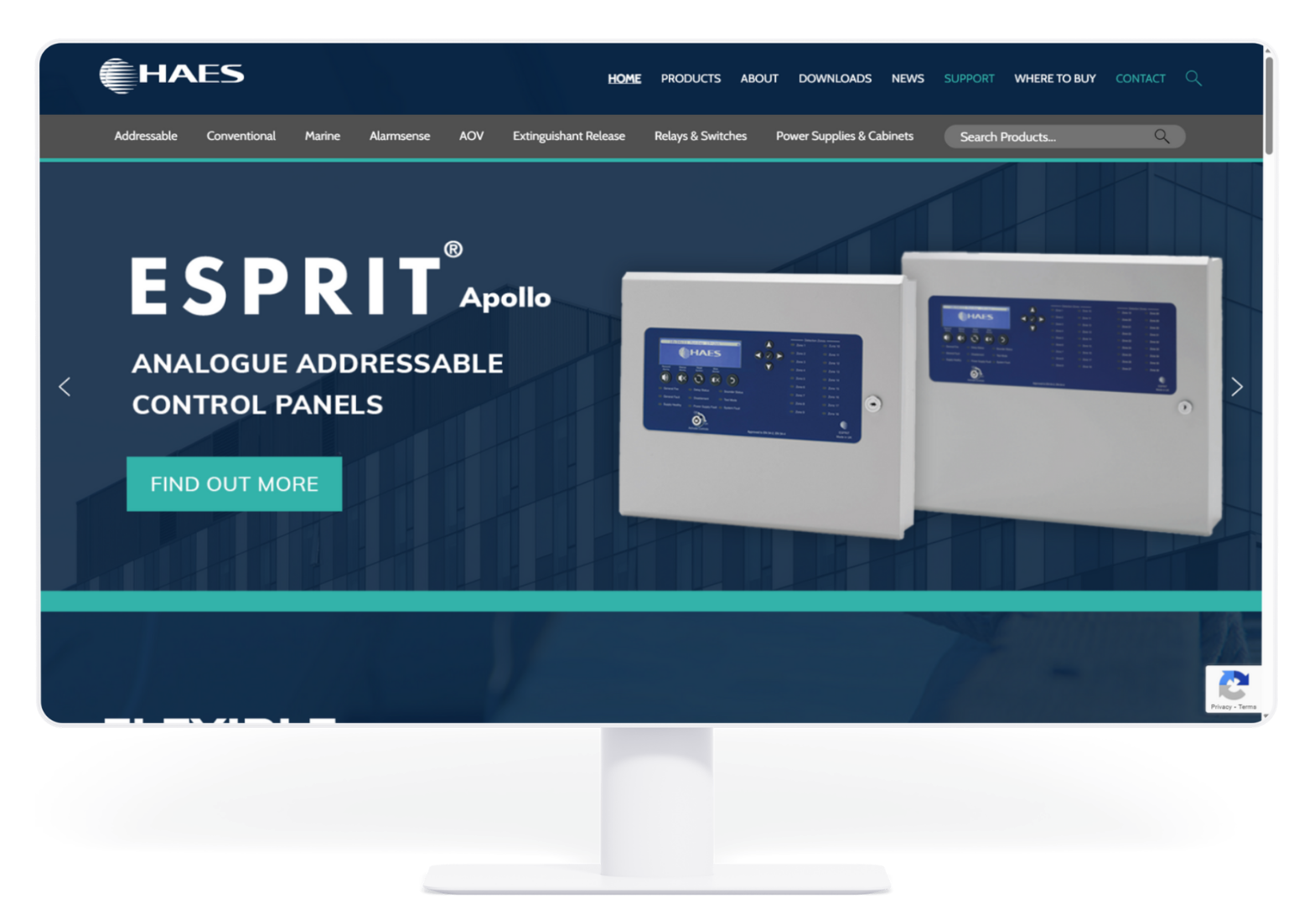 HAES website on a monitor, displaying ESPRIT Apollo fire alarm control panels.