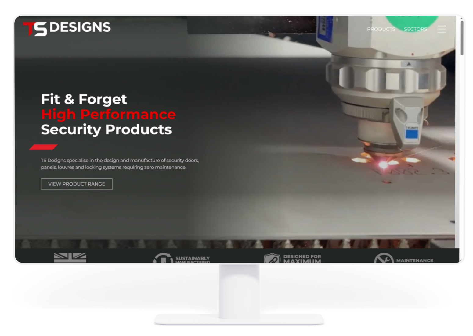 Computer monitor displaying a website for S Designs.  Headline reads 