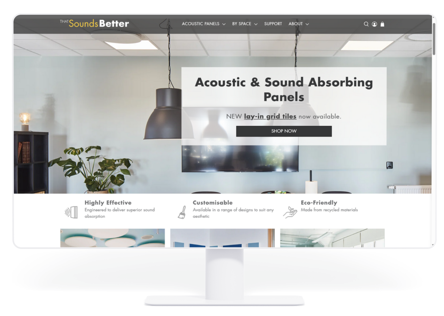 Website homepage displaying acoustic panels in a bright, modern room.