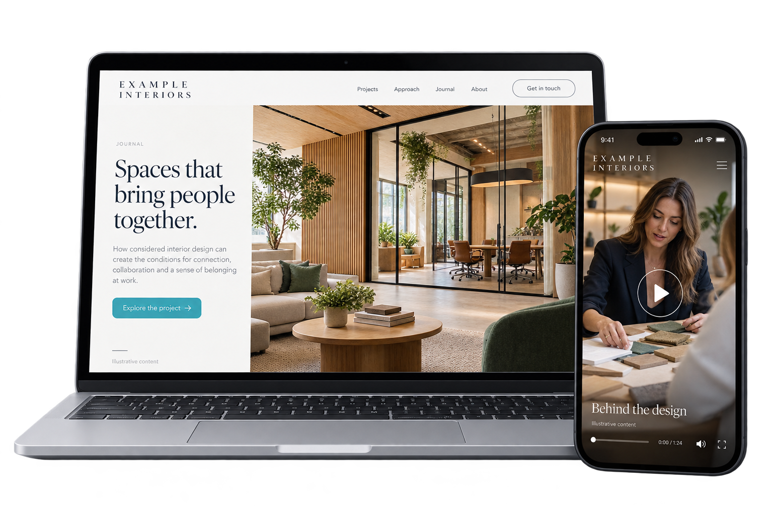 Website mockup on laptop and phone showing a modern interior and a person working at a desk
