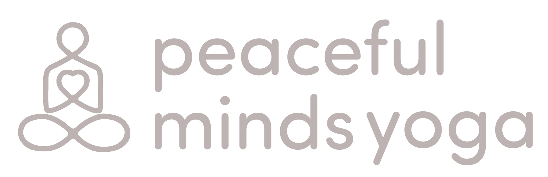 A logo for peaceful minds yoga with a lotus symbol on a white background.